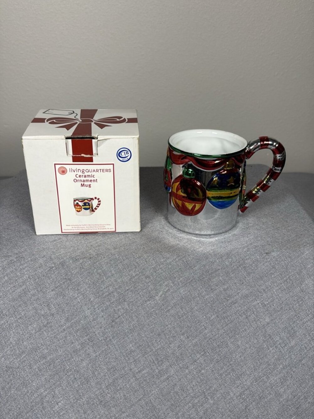 Living Quarters Ceramic Ornament Mug Christmas Peppermint Handle Box